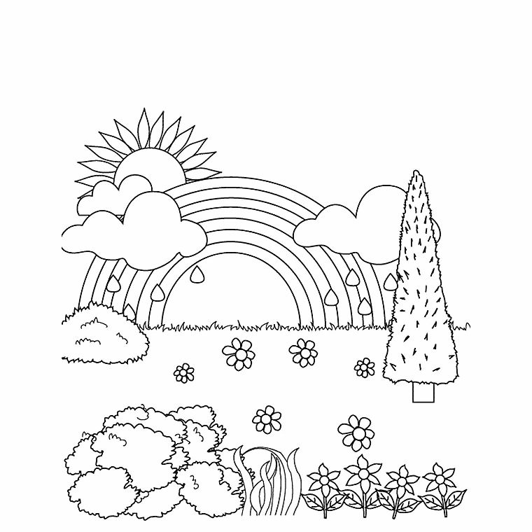 Dibujo de Arcoíris y sol después de la lluvia para colorear Dibujo de Arcoíris y sol después de la lluvia para colorear