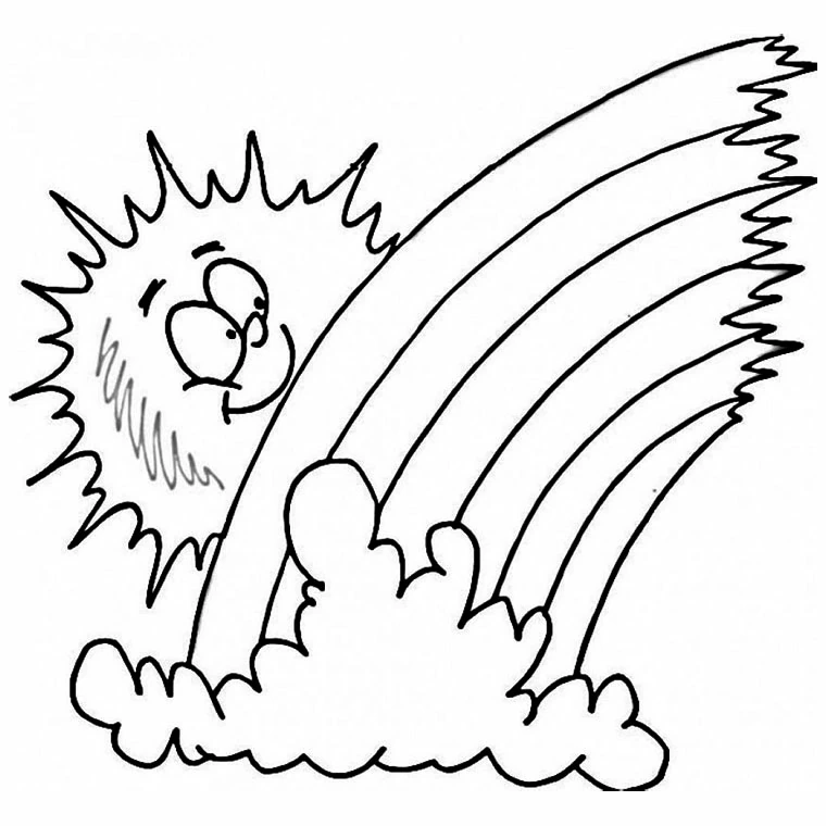 Dibujo de Sol sonriente asomándose tras un arcoíris para colorear Dibujo de Sol sonriente asomándose tras un arcoíris para colorear