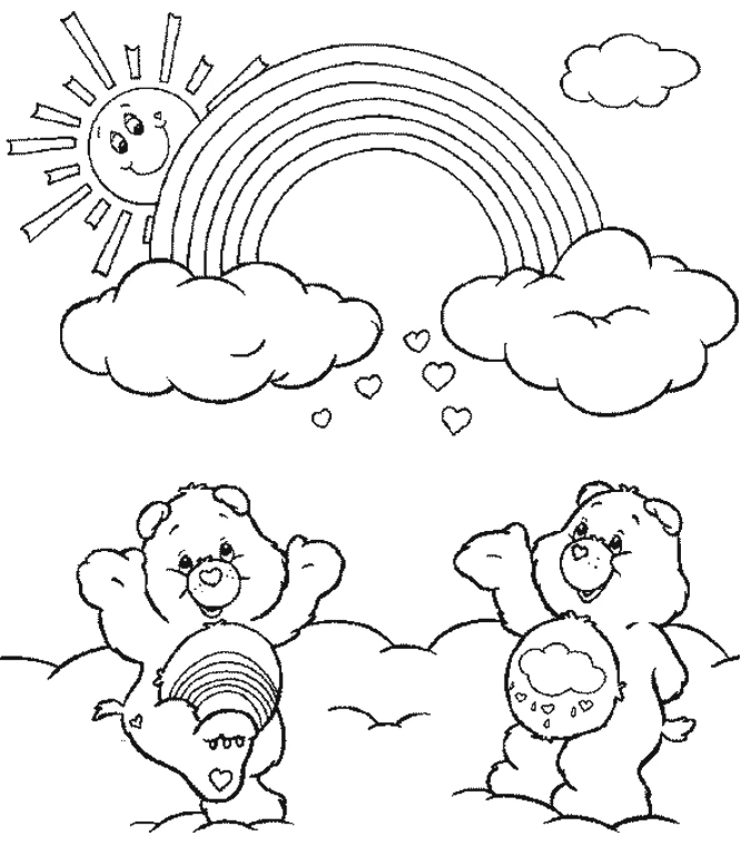 Dibujo de Osos amorosos bajo un arcoíris con sol y nubes para colorear Dibujo de Osos amorosos bajo un arcoíris con sol y nubes para colorear