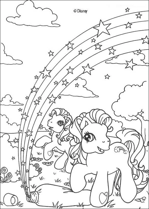 Dibujo de Dos pequeños ponis bajo un arcoíris estrellado para colorear Dibujo de Dos pequeños ponis bajo un arcoíris estrellado para colorear
