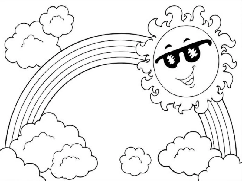 Dibujo de Arcoíris con un sol sonriente con gafas de sol para colorear Dibujo de Arcoíris con un sol sonriente con gafas de sol para colorear