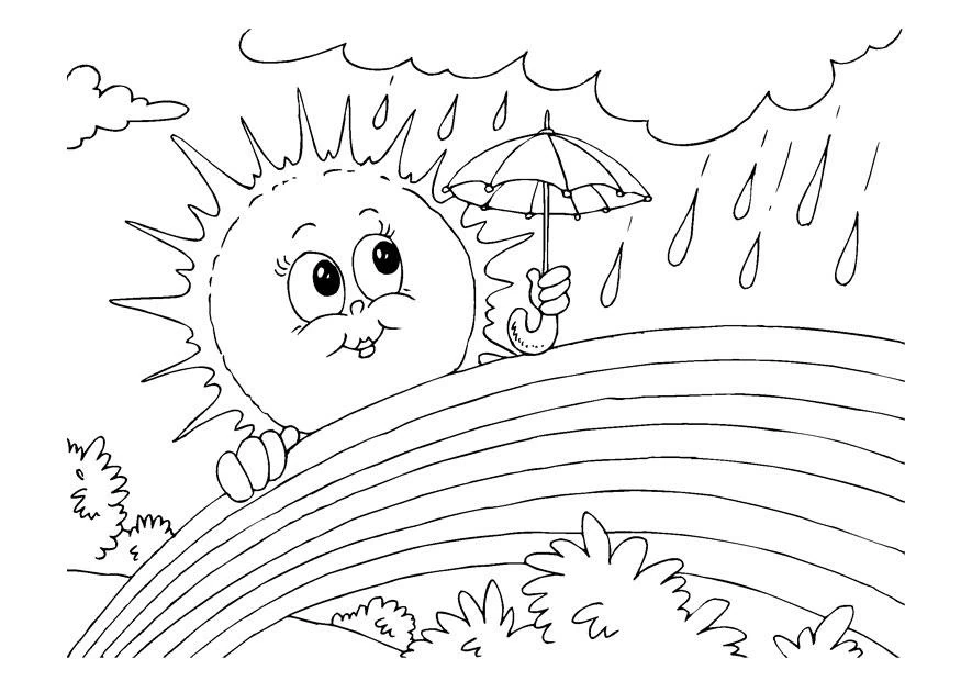Dibujo de Sol con paraguas sobre un arcoíris para colorear Dibujo de Sol con paraguas sobre un arcoíris para colorear