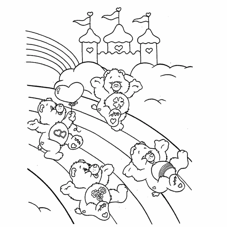 Dibujo de Osos Amorosos deslizándose por un arcoíris junto a un castillo para colorear