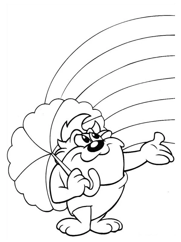 Dibujo de Taz sosteniendo un paraguas bajo un arcoíris para colorear Dibujo de Taz sosteniendo un paraguas bajo un arcoíris para colorear