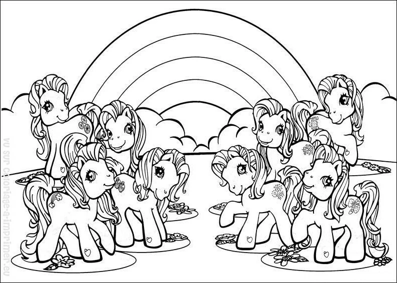 Dibujo de Ponis reunidos bajo un arcoíris para colorear Dibujo de Ponis reunidos bajo un arcoíris para colorear