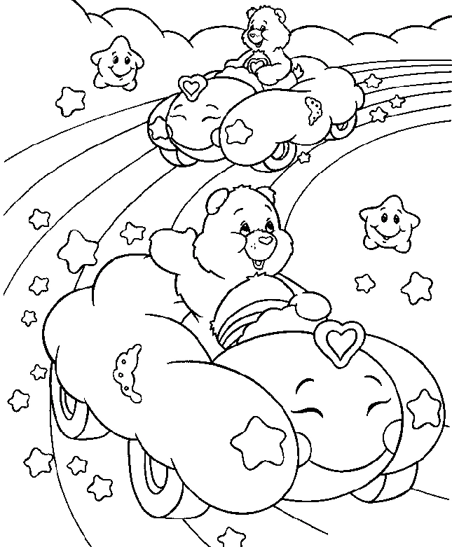 Dibujo de Ositos Cariñositos conduciendo coches nube sobre un arcoíris para colorear Dibujo de Ositos Cariñositos conduciendo coches nube sobre un arcoíris para colorear