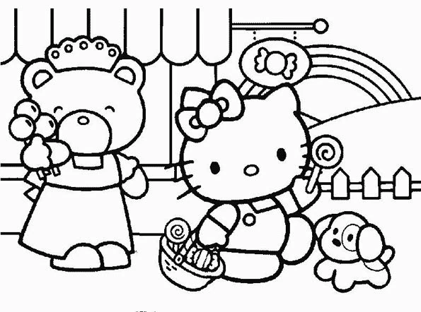 Dibujo de Hello Kitty con dulces y un arcoíris para colorear Dibujo de Hello Kitty con dulces y un arcoíris para colorear