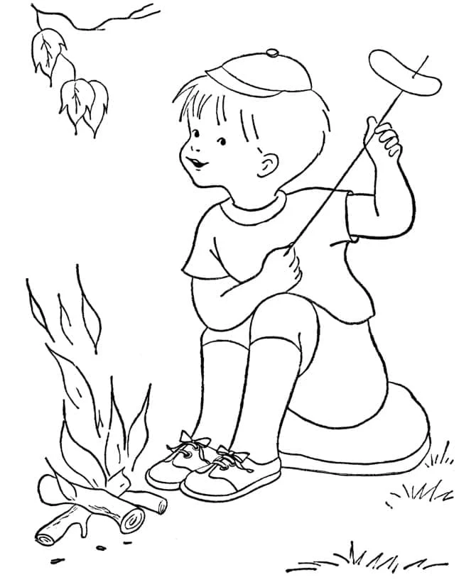 Dibujo de Niño asando una salchicha en una fogata para colorear