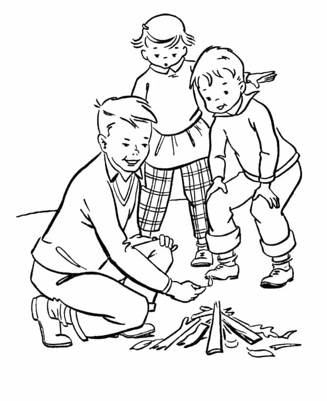 Dibujo de Niños preparando una fogata para colorear