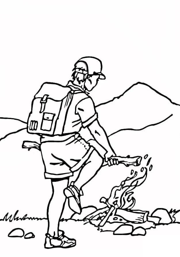 Dibujo de Camping - encendiendo una hoguera para colorear