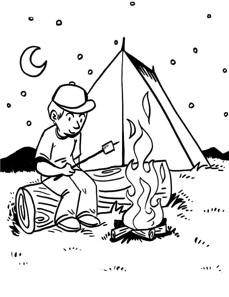 Dibujo de Niño de camping asando un malvavisco para colorear