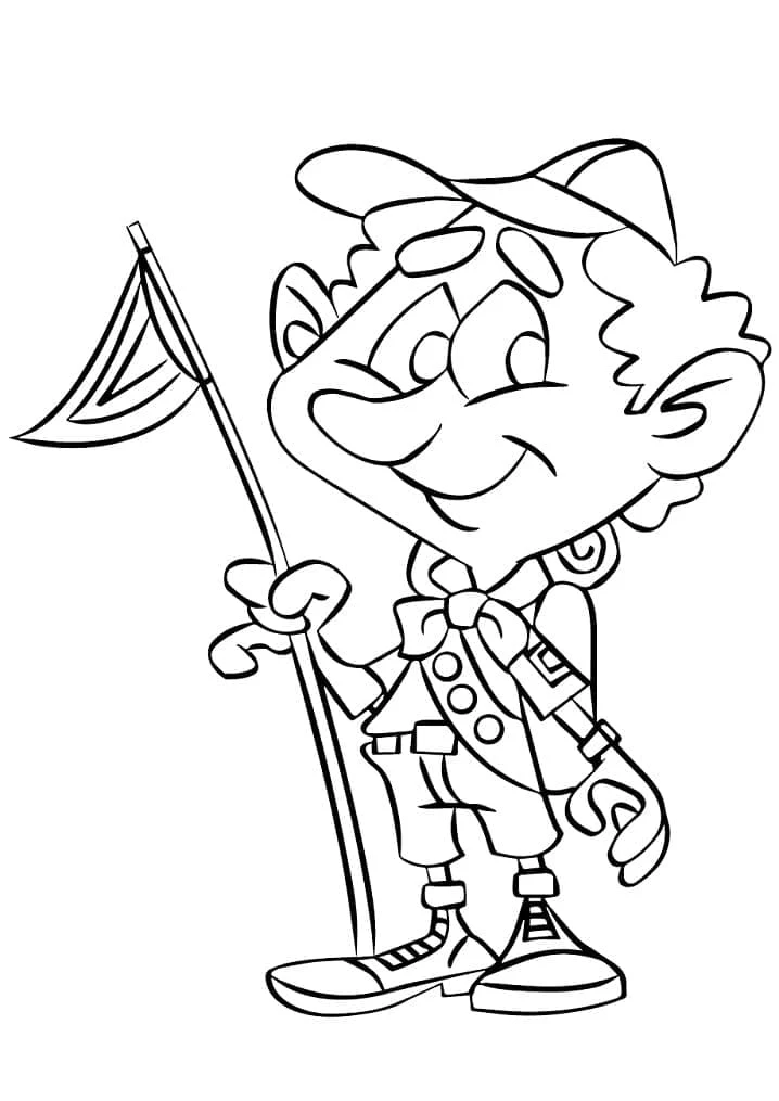 Dibujo de Niño explorador sosteniendo una bandera para colorear