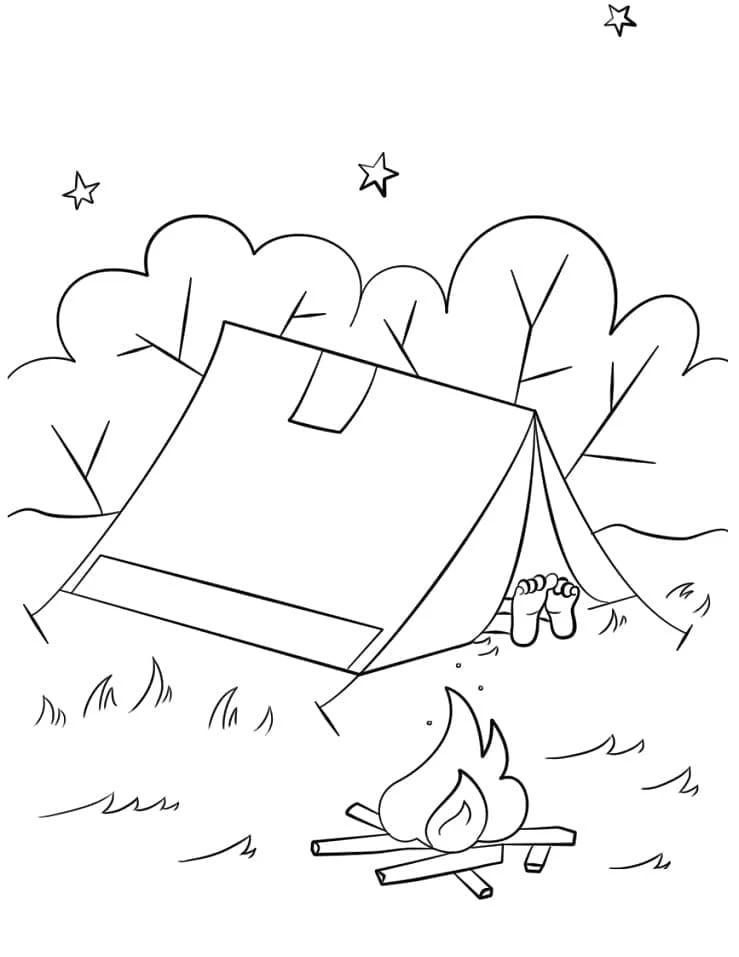 Dibujo de Camping con pies saliendo de una tienda para colorear