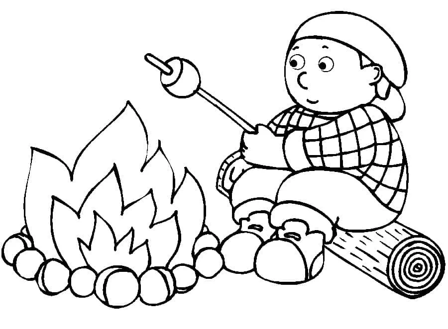 Dibujo de Niño asando una nube junto a la fogata para colorear