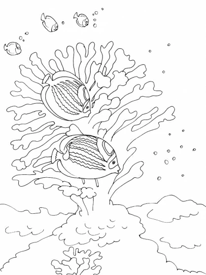 Dibujo de Coral con peces nadando entre sus ramas para colorear Dibujo de Coral con peces nadando entre sus ramas para colorear