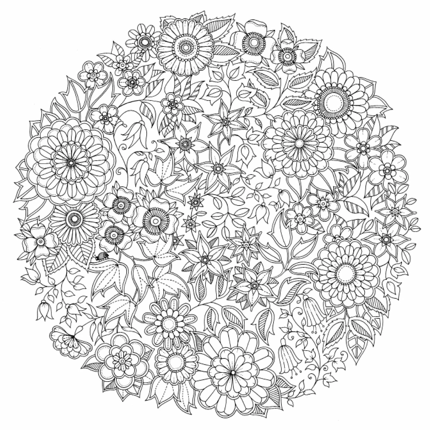 Dibujo de Flores en mandala circular muy detallado para colorear