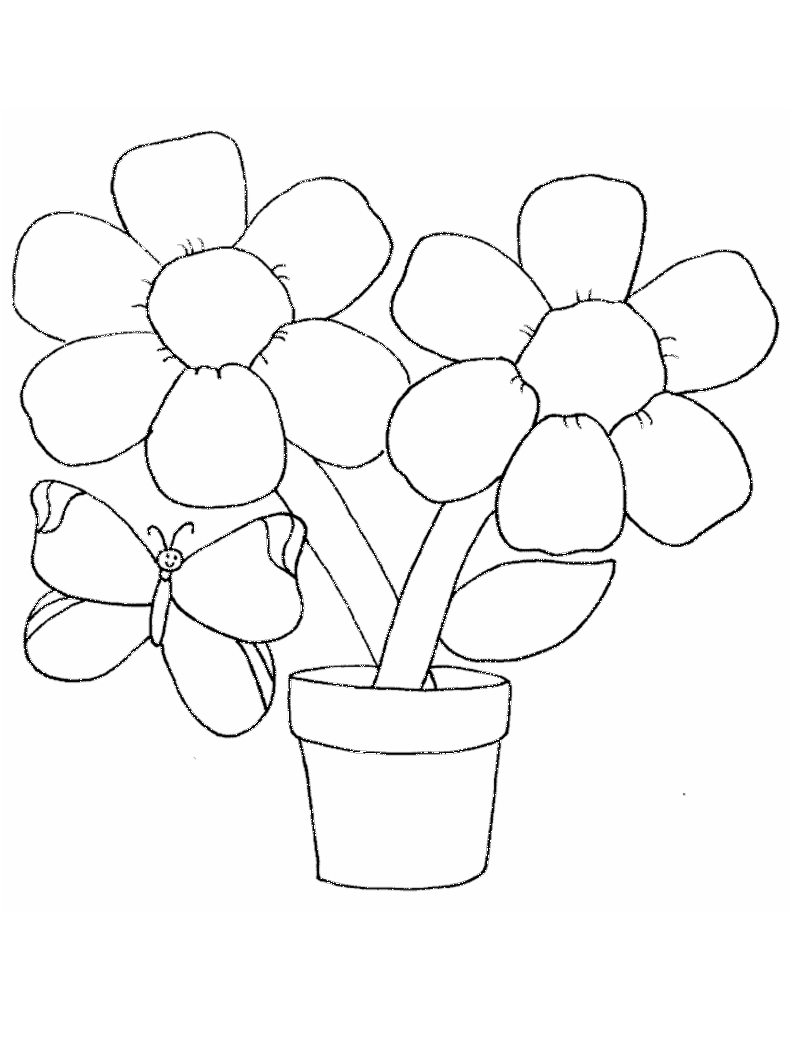 Dibujo de Flores en maceta con una mariposa para colorear