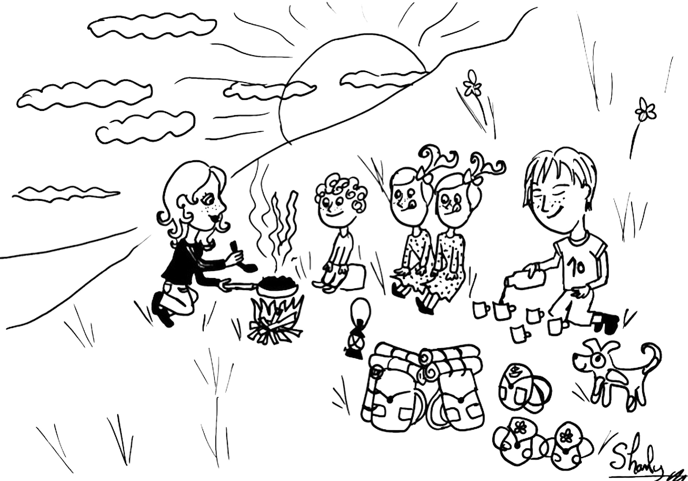 Dibujo de Niños acampando junto a una fogata para colorear