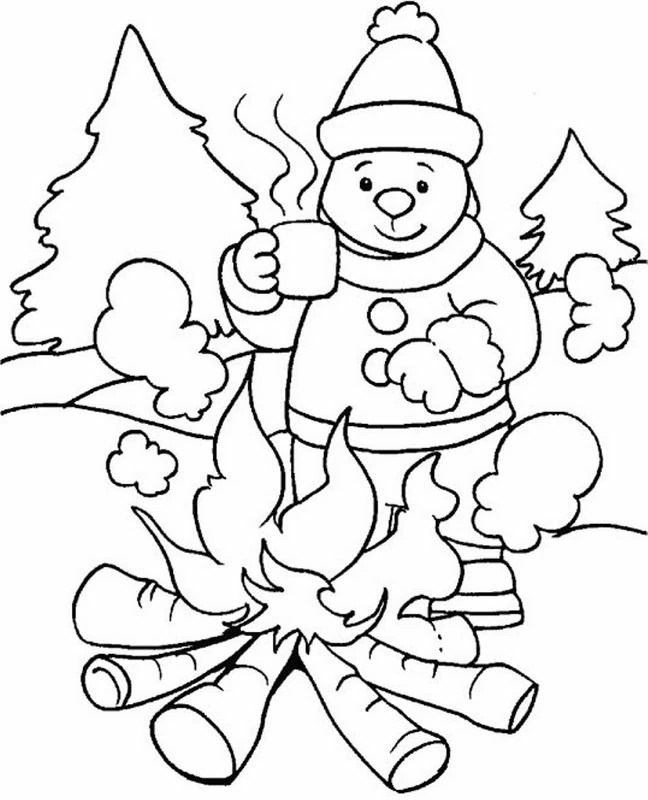 Dibujo de Oso calentándose junto a una fogata para colorear