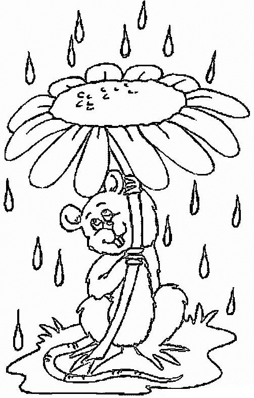 Dibujo de Ratón protegido de la lluvia bajo una flor para colorear