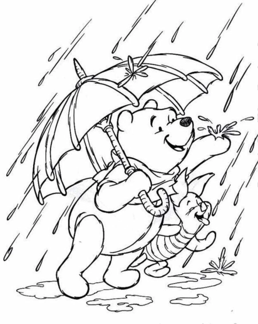 Dibujo de Winnie the Pooh y Piglet caminando bajo la lluvia para colorear