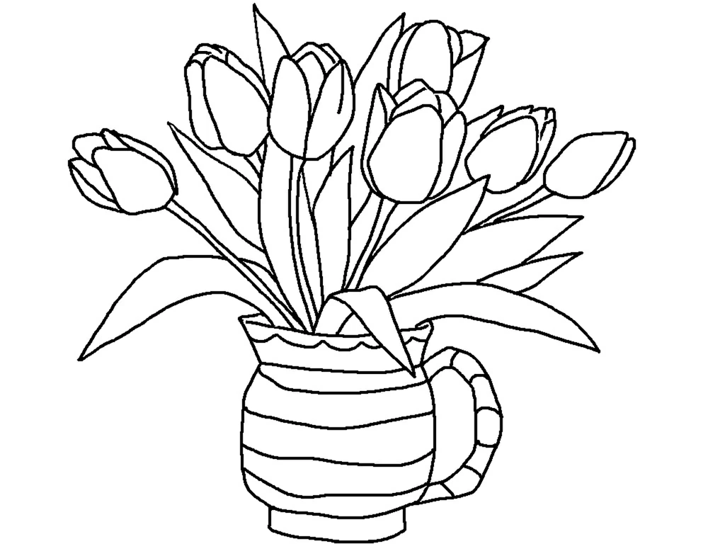 Dibujo de Ramo de tulipanes en una jarra rayada para colorear Dibujo de Ramo de tulipanes en una jarra rayada para colorear