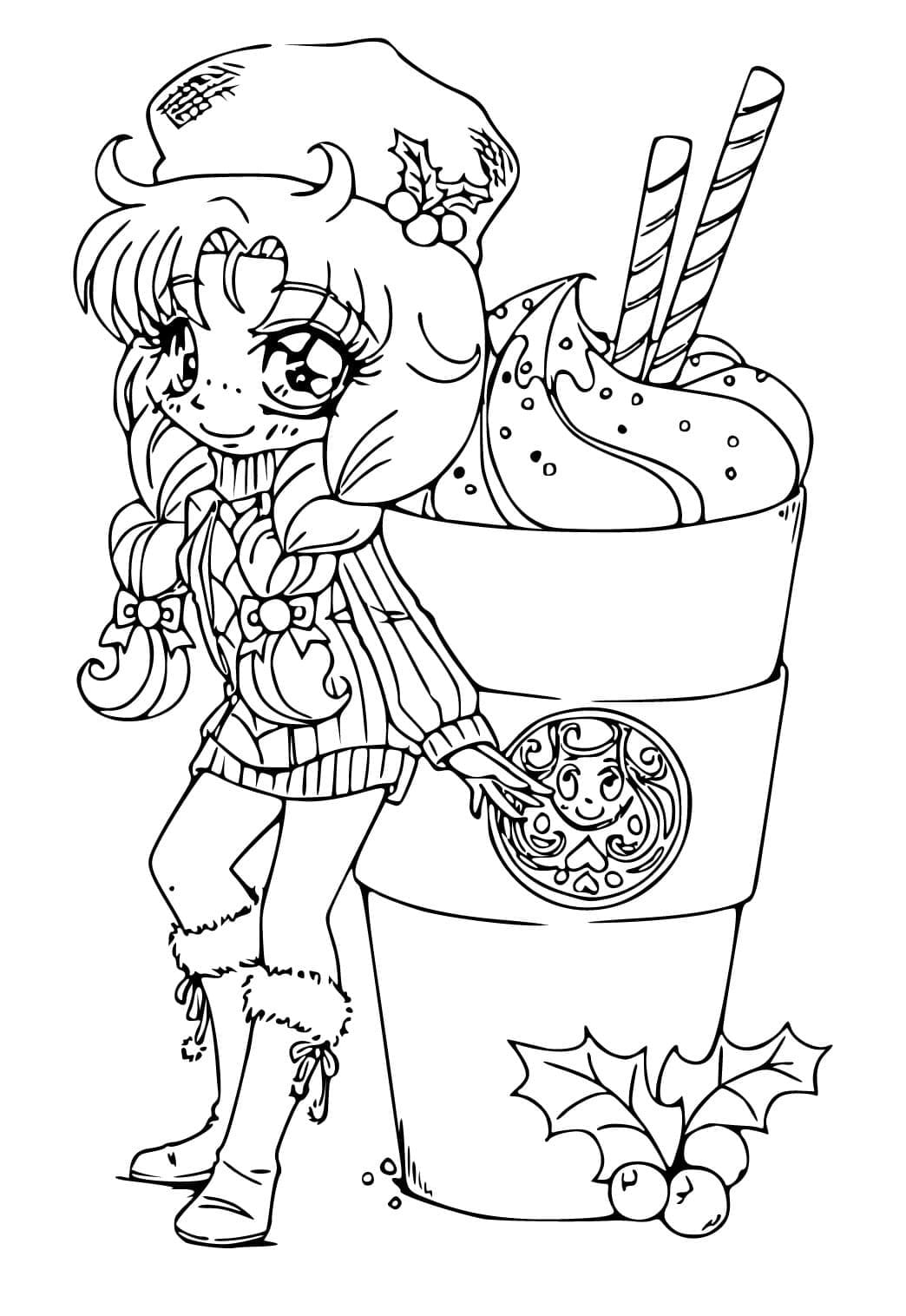 Dibujo de Chica apoyada en un vaso gigante de Starbucks para colorear