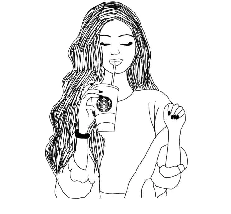 Dibujo de Chica bebiendo un vaso de Starbucks para colorear