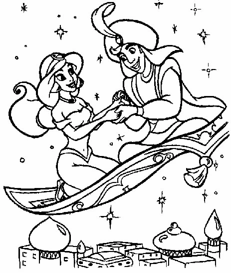 Dibujo de Aladino y Jasmine sobre la alfombra mágica para colorear