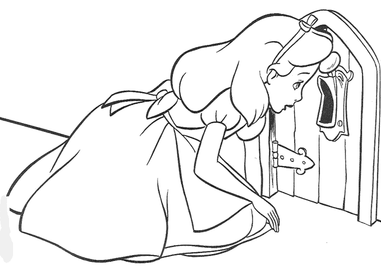 Dibujo de Alicia mirando por la pequeña puerta para colorear Dibujo de Alicia mirando por la pequeña puerta para colorear