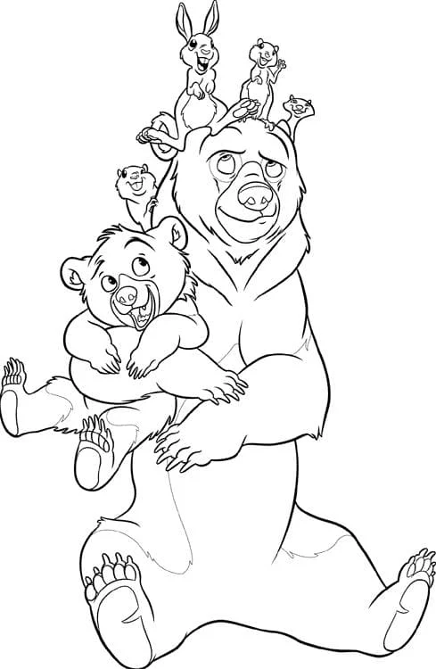 Dibujo de Kenai y Koda con amigos del bosque para colorear Dibujo de Kenai y Koda con amigos del bosque para colorear