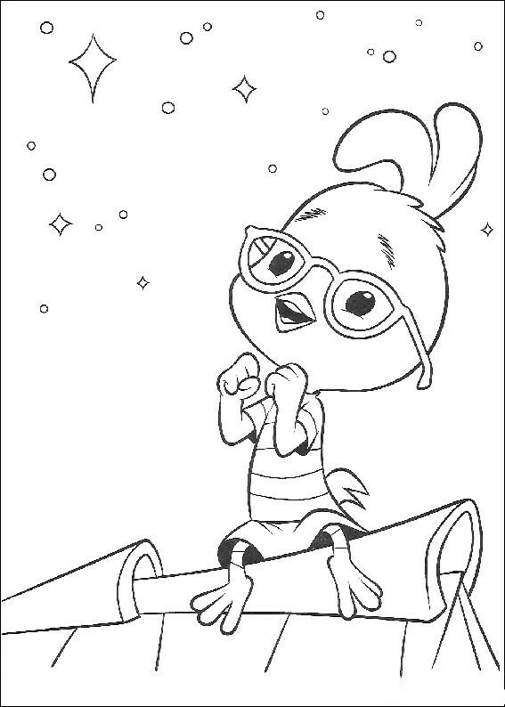 Dibujo de Chicken Little sentado en un tejado bajo las estrellas para colorear