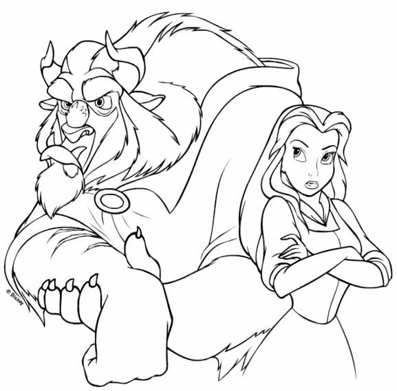 Dibujo de La Bella y la Bestia en un momento de tensión para colorear