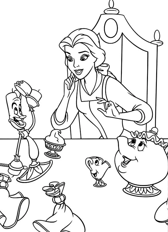 Dibujo de La Bella y la Bestia: Bella en la mesa con Lumiere y la Sra Potts para colorear