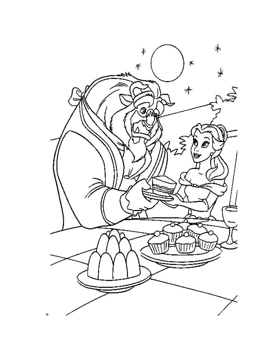 Dibujo de La Bestia sirviendo un pastel a Bella para colorear