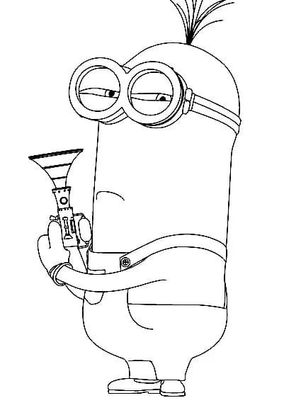 Dibujo de Minion Kevin sosteniendo una pequeña trompeta para colorear