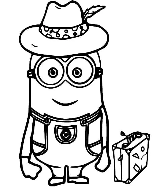 Dibujo de Minion con sombrero de viajero y una maleta para colorear