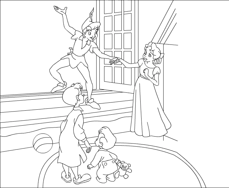 Dibujo de Peter Pan volando junto a la ventana con Wendy y los niños para colorear Dibujo de Peter Pan volando junto a la ventana con Wendy y los niños para colorear