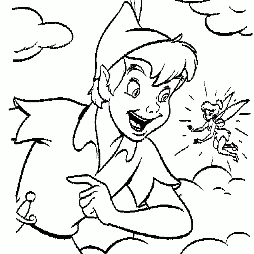Dibujo de Peter Pan señalando junto al hada Campanilla para colorear
