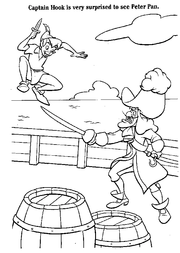 Dibujo de Peter Pan lucha contra el Capitán Garfio en la cubierta para colorear Dibujo de Peter Pan lucha contra el Capitán Garfio en la cubierta para colorear