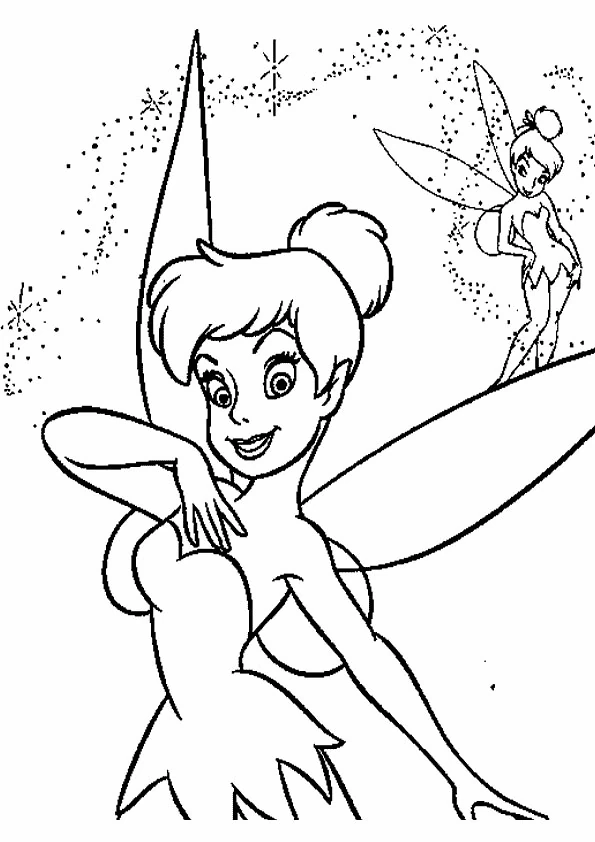 Dibujo de Peter Pan - Campanilla de cerca junto a una pequeña hada voladora para colorear Dibujo de Peter Pan - Campanilla de cerca junto a una pequeña hada voladora para colorear