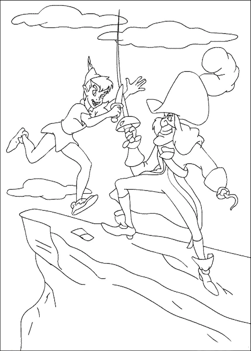 Dibujo de Peter Pan luchando contra el Capitán Garfio en un acantilado para colorear Dibujo de Peter Pan luchando contra el Capitán Garfio en un acantilado para colorear
