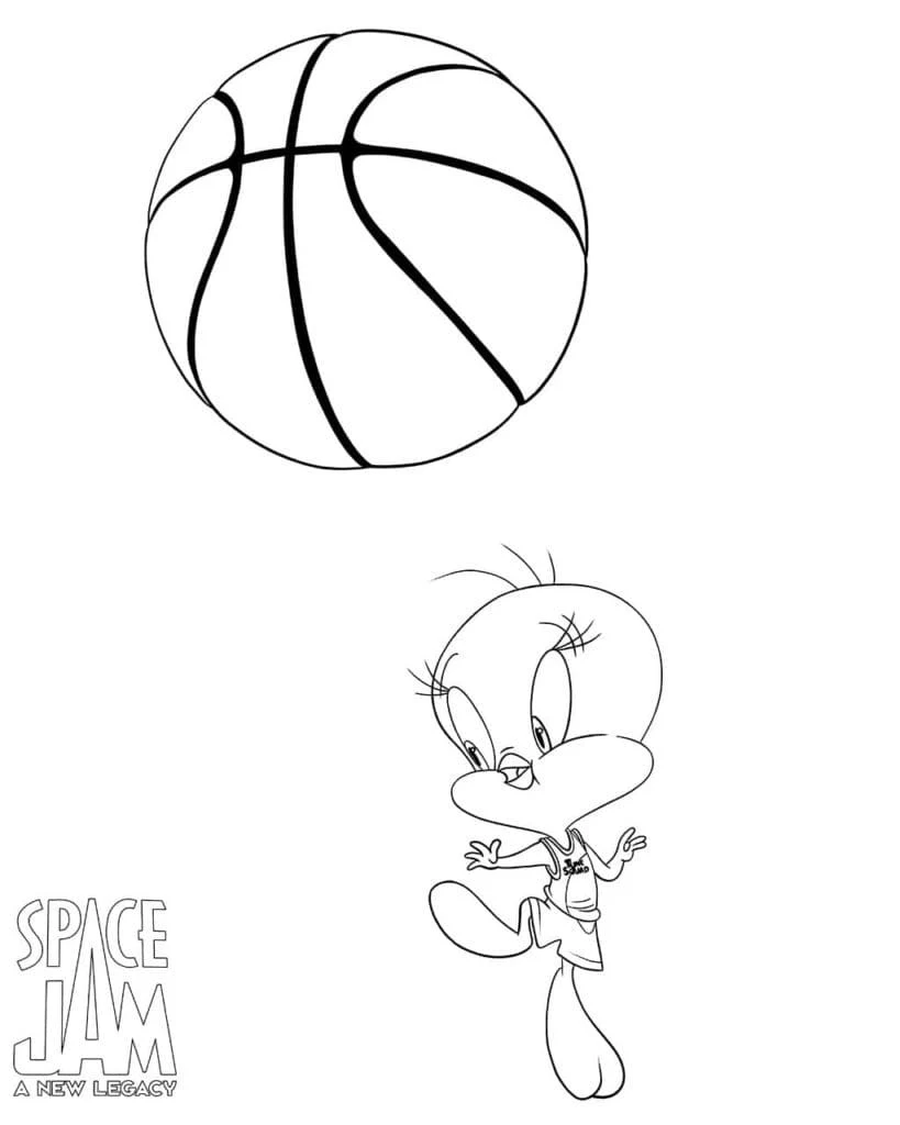 Dibujo de Piolín saltando bajo un balón de baloncesto para colorear
