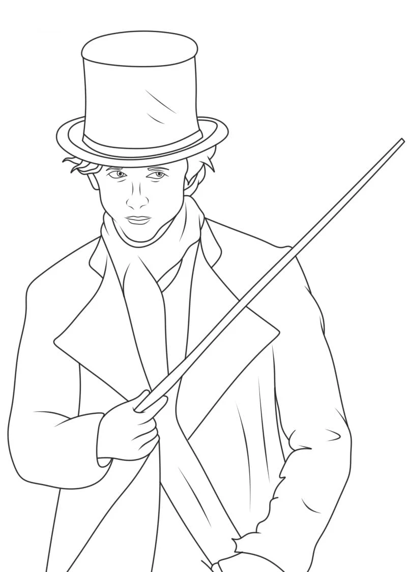 Dibujo de Wonka con sombrero de copa y bastón para colorear