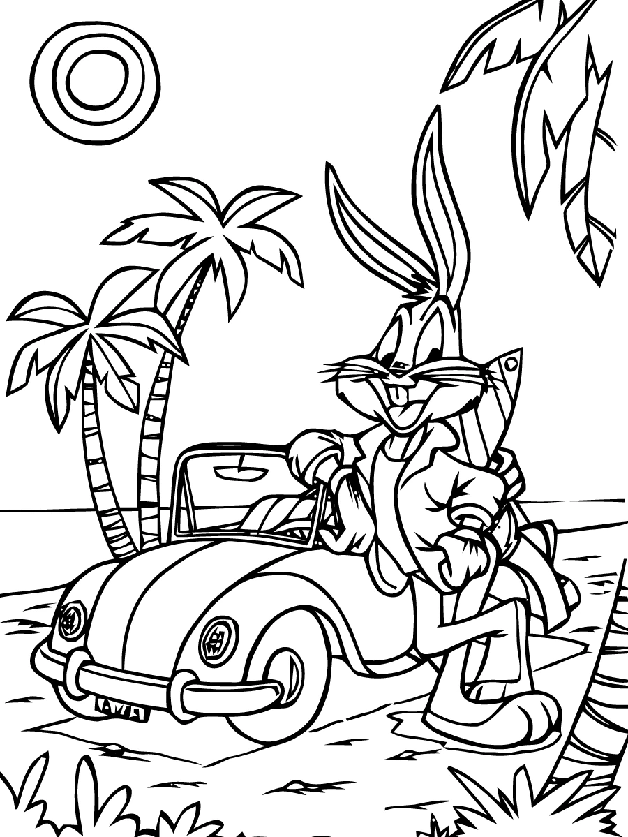 Dibujo de Bugs Bunny apoyado en un coche en la playa para colorear