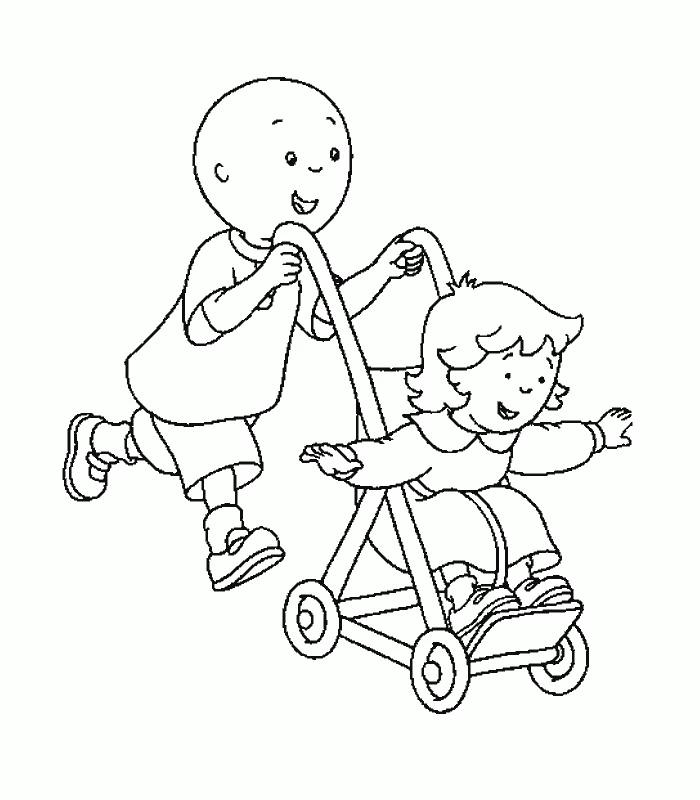 Dibujo de Caillou empujando a su hermanita en el cochecito para colorear