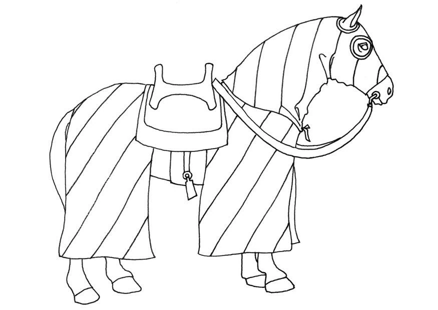 Dibujo de Caballo de caballero con silla y armadura para colorear