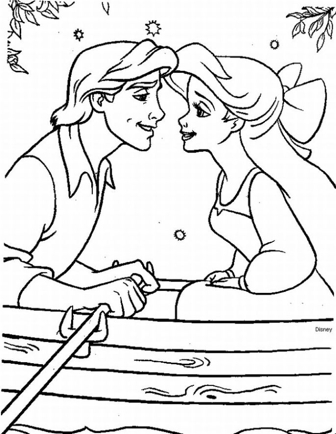 Dibujo de Príncipe Eric y Ariel compartiendo un momento en el bote para colorear Dibujo de Príncipe Eric y Ariel compartiendo un momento en el bote para colorear