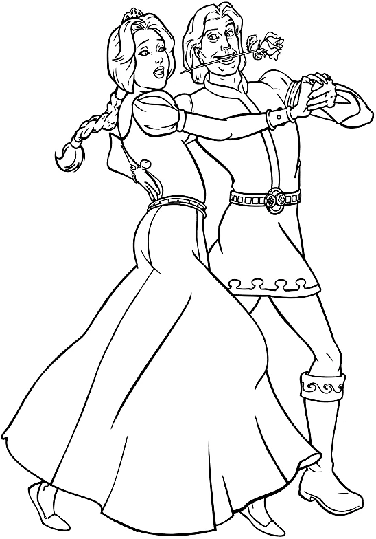 Dibujo de Príncipe Encantador y Fiona bailando para colorear