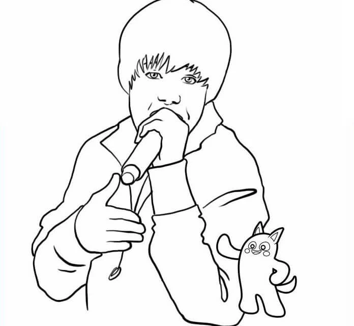 Dibujo de Justin Bieber cantando con micrófono para colorear